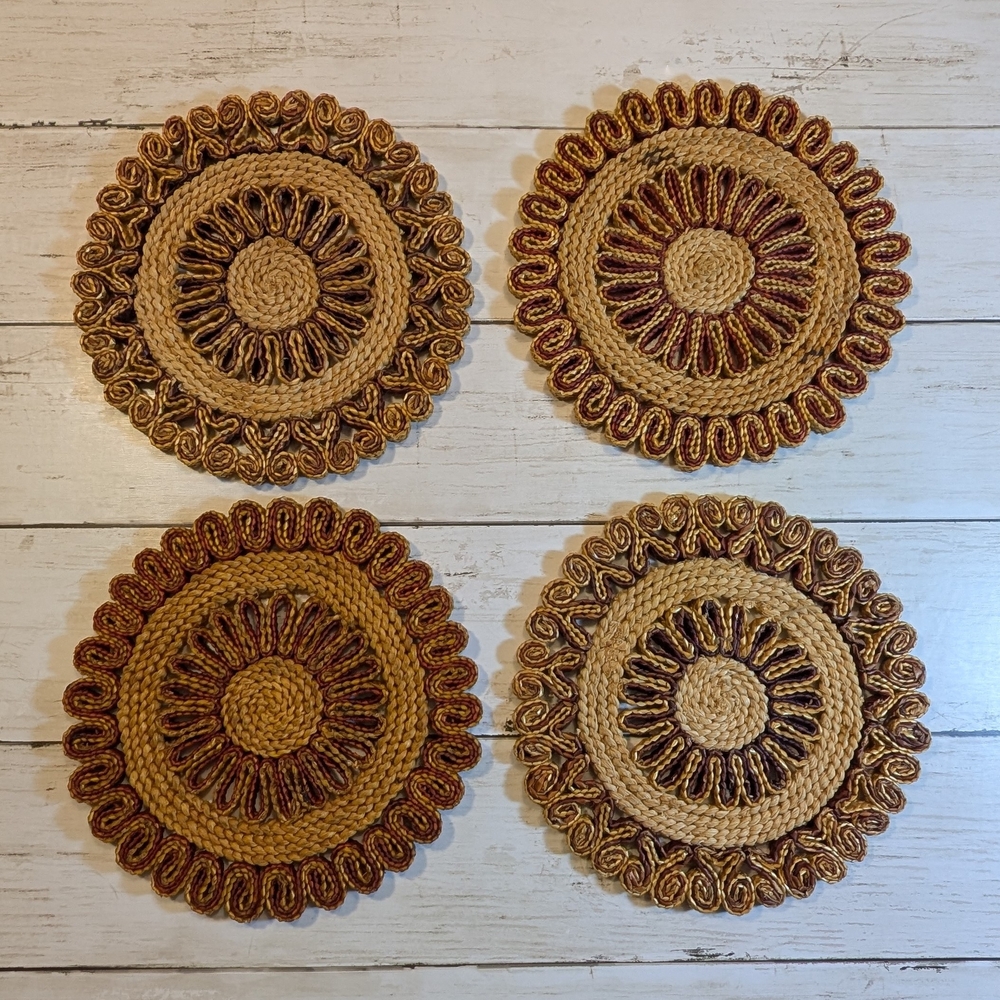 7" Vintage Woven Raffia Straw Trivets - 2 Sets of 2 - Boho Cottagecore Rustic